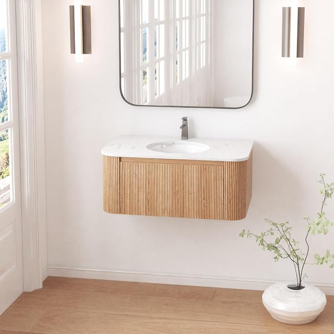 36 Inch Wall Mounted Bathroom Vanity with Ceramic Sink, Pre-Assembled Floating Vanity Cabinet with Cararra Artificial Countertop, Wave Texture Finish & Drawer, Wood
