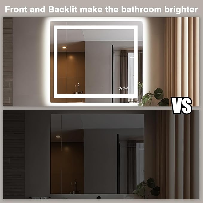 EchosLife 40"x38" Lighted Mirrors for Bathroom Wall | Backlit + Front Lit, Anti-Fog, Stepless Dimmable, 3 Colors, Memory, Tempered Glass, UL Listed, Horizontal/Vertical