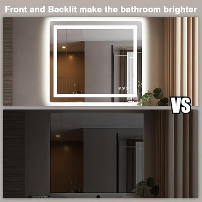 EchosLife 40"x38" Lighted Mirrors for Bathroom Wall | Backlit + Front Lit, Anti-Fog, Stepless Dimmable, 3 Colors, Memory, Tempered Glass, UL Listed, Horizontal/Vertical