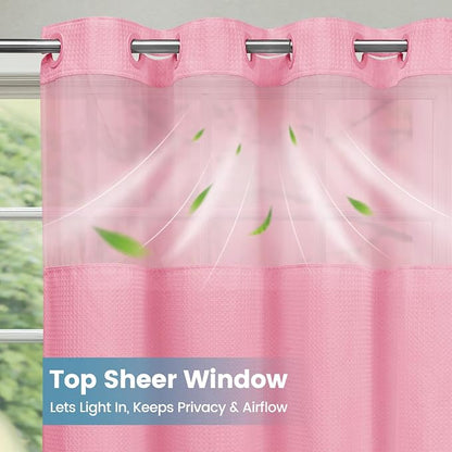 SORTTO No Hook Shower Curtain with Snap in Liner Set Waffle Shower Curtain for Bathroom Hotel Style Fabric Waterproof Inner Liner，71" W x 74" H, Pink