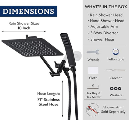 G-Promise All Metal 10" Dual Square Shower Head Combo | Rain Shower Head | Handheld Shower Wand | Adjustable | 3-Way Diverter | 71" Extra Long Hose - A Bathroom Upgrade (Matte Black) | Built to Last, Easy Install, Adjustable Height & Angle for All Heig...