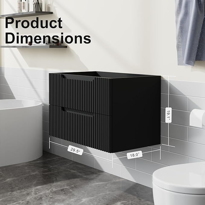 30” Floating Bathroom Vanity Cabinet Wall-Mounted Bathroom Vanity in Black, Sink Basin Not Included