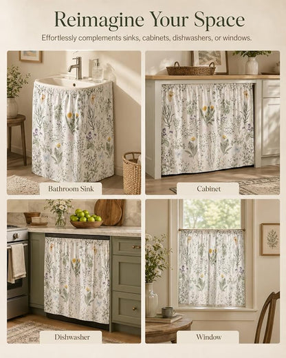 2 Pack Sink Skirt for Bathroom, Self Adhesive Curtains | with High Adhesion Tape, Pastoral 55 x 32 Inch Polyester Under Sink Curtain for Cabinet, Dishwasher, Oven, Window Decor
