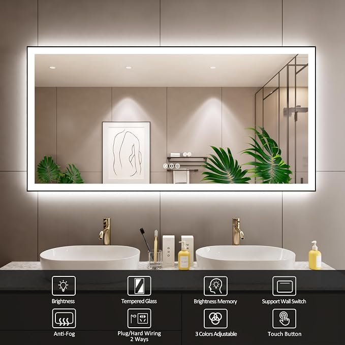 72x36 Inch LED Bathroom Mirror with Black Frame | Black Metal Frame, Front and Backlit, 3 Colors, Dimmable, Memory, Anti Fog, Tempered Glass, Lighted Mirror for Wall