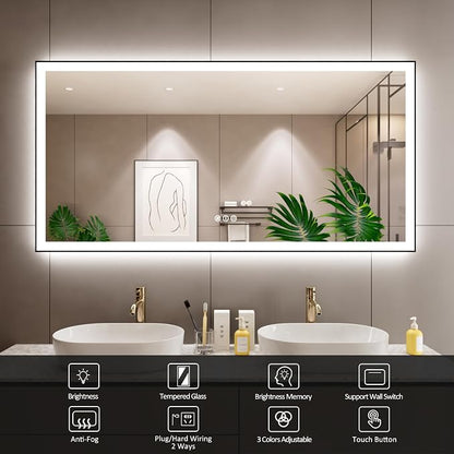 72x36 Inch LED Bathroom Mirror with Black Frame | Black Metal Frame, Front and Backlit, 3 Colors, Dimmable, Memory, Anti Fog, Tempered Glass, Lighted Mirror for Wall