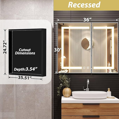 APRILSOUL 36x30 Inch Lighted Bathroom Medicine Cabinet with Mirror, Silver Recessed or Surface Mount Medicine Cabinet Mirror with Storage and LED Lights, 3 Colors Temperature, Dimmable Light