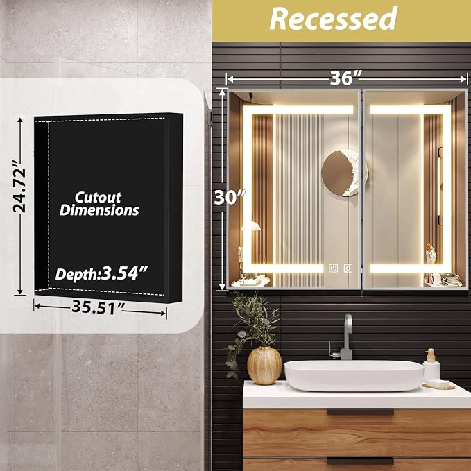 ROOMTEC 36 x 30 Inch Medicine Cabinet Mirror with LED Lights, Silver Bathroom Medicine Cabinet with Mirror and Storage, Recessed or Wall Mount, 3 Color Temperature, Dimmable Light