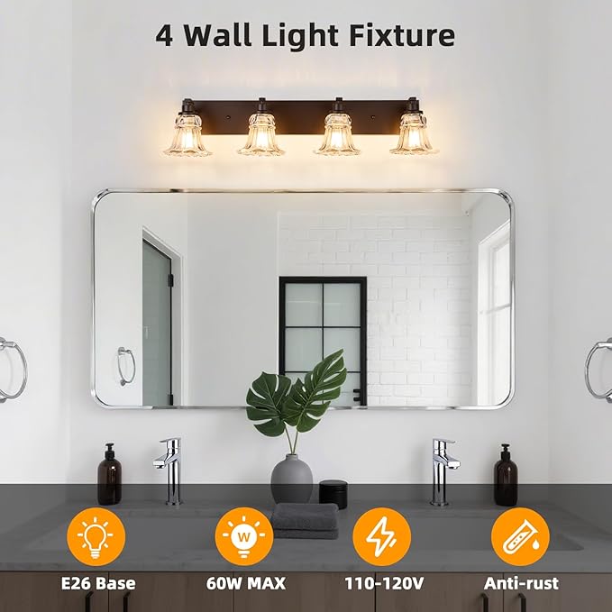 Vintage 4-Light Bathroom Vanity Light, Oil Rubbed Bronze Bathroom Light Fixtures with Floral Clear Glass Shades, Antique Wall Sconce Fixtures for Dressing Table, Bedroom