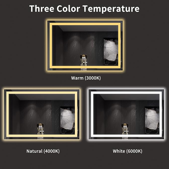 LOAAO 60X40 LED Bathroom Mirror with Lights, Anti-Fog, Dimmable, Backlit + Front Lit, Lighted Bathroom Vanity Mirror for Wall, Memory Function, Tempered Glass, ETL Listed | Anti-Fog, Dimmable, 3 Color Temperature, Backlit + Front Lit, Memory Function, ...
