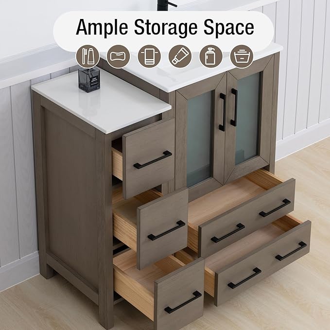 HOMEBEYOND 36 Inch Modern Bathroom Vanity with Sink & Mirror, Single Vanity Cabinet with Basin and Mirror, Dove-Tailed Drawers, Soft-Closing Doors, Wood, Driftwood Gray