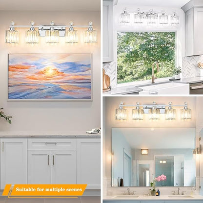 5 Light Bathroom Vanity Light, Modern Crystal Bathroom Ligth Fixture, Chrome Vanity Lights, Light Fixtures Above Mirror, Wall Lamp for Mirror Living Room Cabinet Bedroom Porch