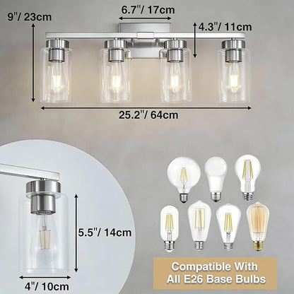 4-Light Bathroom Light Fixtures, Nickel Modern Vanity Lights Over Mirror, Bathroom Wall Sconces with Clear Glass Shade for Living Room Bedroom Hallway Cabinet Porch