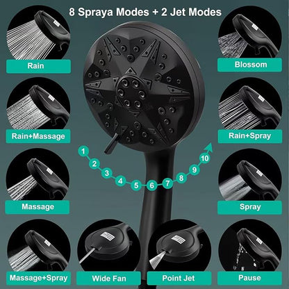 Matte Black Filtered Handheld Shower Head – 10 Spray Modes with Rain & Massage, Built-in Filter, Anti-Clog Nozzles, Power Rinse for Tile & Pets, Easy to Install