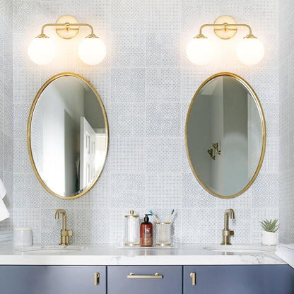 Modern Gold 2-Lights Bathroom Light Fixtures, Brass Vanity Light with Milky White Globe Glass Shade, Elegant Vanity Light Fixtures over Mirror, Wall Sconce Light for Bathroom, Mirror, Dressing Table