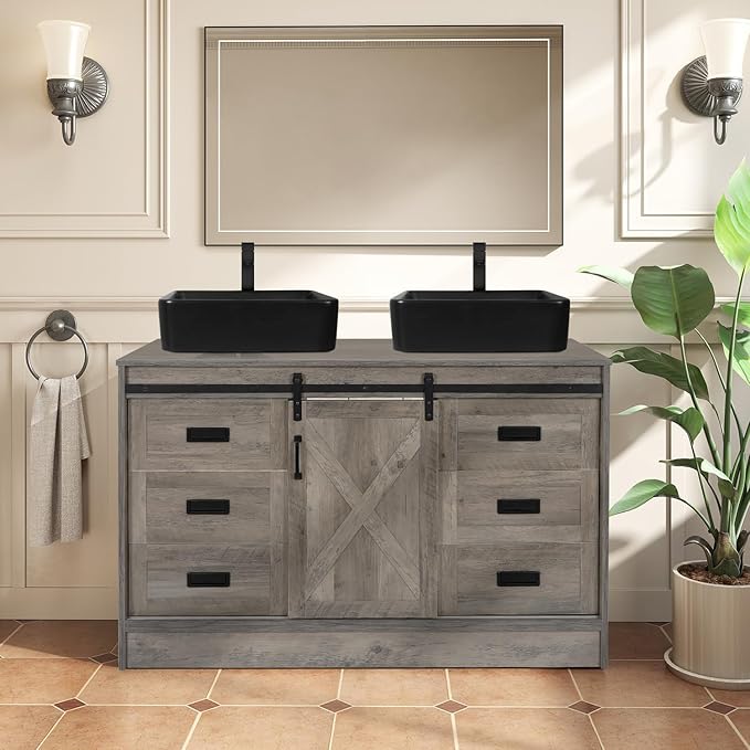 48 inch Barn Door Bathroom Vanity with 6 Drawers, Farmhouse Style Standing Pedestal Cabinet with Two Black Ceramic Vessel Sinks