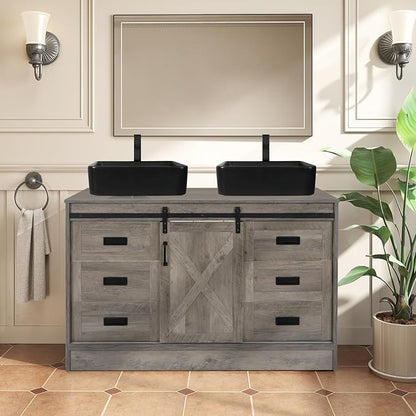 48 inch Barn Door Bathroom Vanity with 6 Drawers, Farmhouse Style Standing Pedestal Cabinet with Two Black Ceramic Vessel Sinks