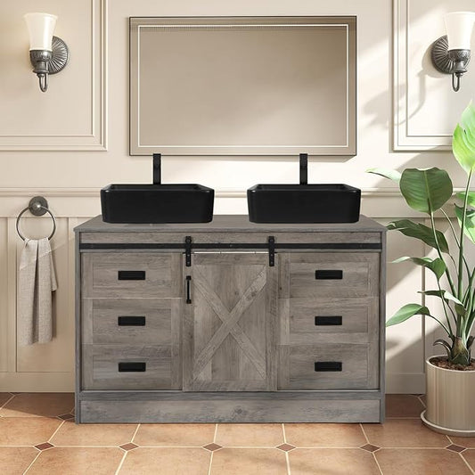 48 inch Barn Door Bathroom Vanity with 6 Drawers, Farmhouse Style Standing Pedestal Cabinet with Two Black Ceramic Vessel Sinks