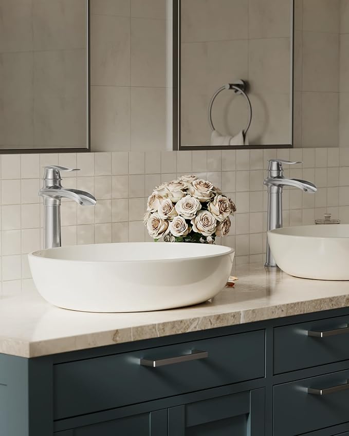 Brushed Nickel Vessel Sink Faucet Brass 12 Inch Waterfall Bathroom Faucet | with Pop Up Drain Assembly and Supply Hoses, Single Handle Tall Bathroom Faucets Lavatory Vanity Mixer Tap by BATHLAVISH