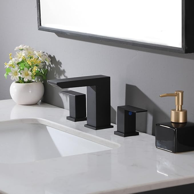 VCCUCINE Black Waterfall Bathroom Faucet 8 Inch Widespread Bathroom Sink Faucet 3 Hole,Modern Matte Black Vanity Bathroom Faucets for Sink with Pop Up Drain and Supply Lines