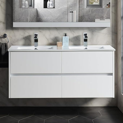 Blossom 48 Inch Double Bathroom Vanity Cabinet with Ceramic Sink, Wall Mounted Floating Vanity Cabinet, All Wood Bathroom Storage Organizer, Soft-Closing U-Shaped Cutout Drawers, Glossy White