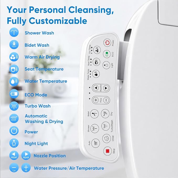 Electric Bidet Toilet Seat with Heated Seat, Warm Air Dryer, Endless Warm Water, Oscillating and Pulsating Spray Wash, Stainless Steel Self-Clean Nozzle, Sense Seat