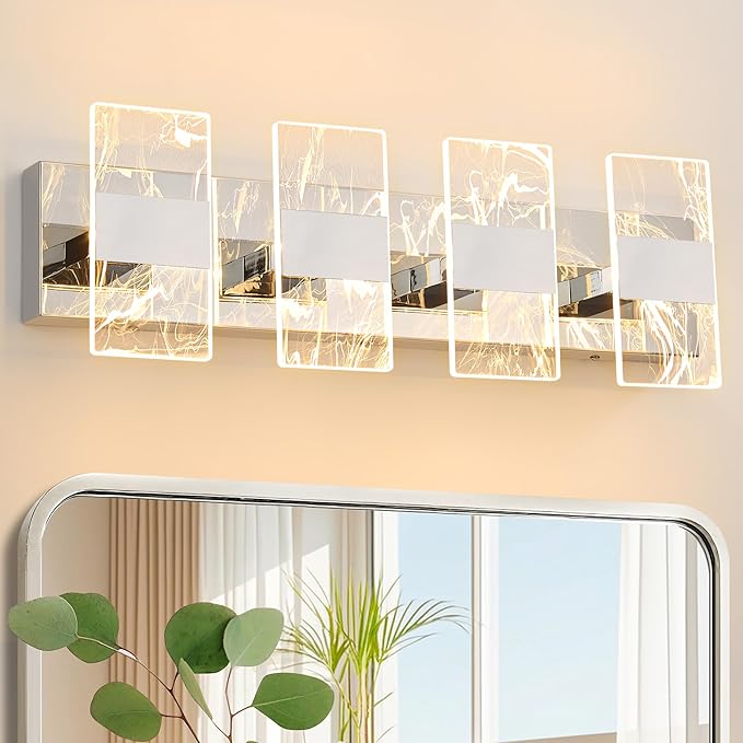 Modern LED Bathroom Light Fixtures Dimmable 4-Light Chrome Vanity Light, 5CCT Adjustable Lighting Fixture Vanity Lights Over Mirror, Smoked Acrylic LED Vanity Lights for Bathroom
