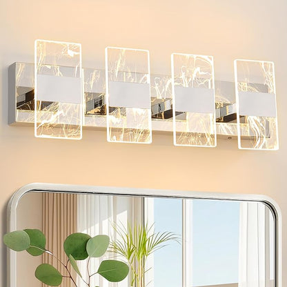 Modern LED Bathroom Light Fixtures Dimmable 4-Light Chrome Vanity Light, 5CCT Adjustable Lighting Fixture Vanity Lights Over Mirror, Smoked Acrylic LED Vanity Lights for Bathroom