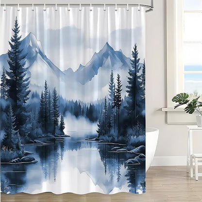 Blue Misty Forest Shower Curtain Mountain Foggy Pine Trees Landscape Watercolor Jungle Plant Rustic Nature Scenery Lake Fabric Bathroom Curtain Set with Hook