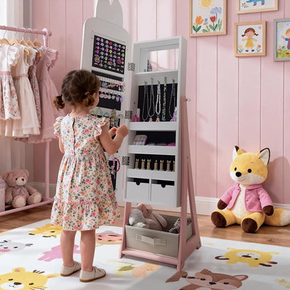 Karl home 45.5" Kids Jewelry Armoire with Mirror, White | Standing Organizer with Removable Drawers, Cute Rabbit-Shaped Dress Up Cabinet for Little Girls