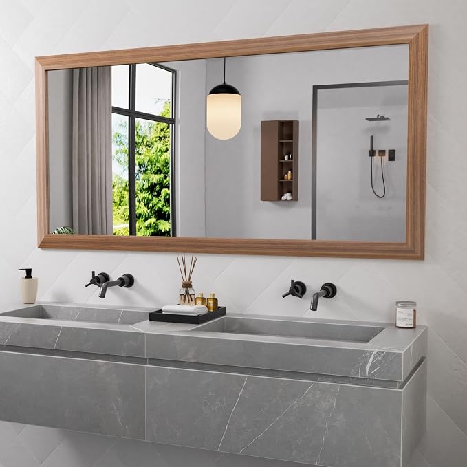 Bathroom Mirror for Wall, 60 X30 Inch (Walnut Wood Grain) | Metal Framed, HD Reflection, Anti-Rust, Hang Horizontally/Vertically, Suitable for Bedroom, Farmhouse, Bathroom, Entryway