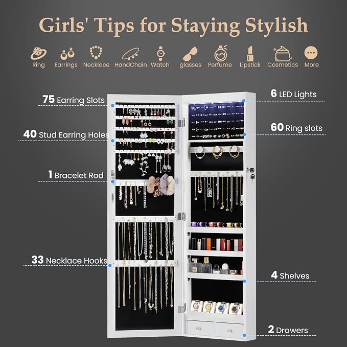 DUMOS 6 LEDs Mirror Jewelry Organizer, Jewelry Armoire Cabinet, 47.2 Inch | Hanging Door or Wall Mounted Mirror, Lockable, Large Capacity Cosmetic Storage, 2 Drawers, Gift Idea, Cream