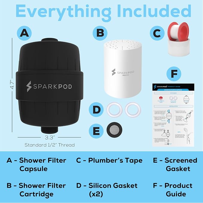 SparkPod 23-Stage Shower Head Filter for Showerheads, Black Matte | Removes Chlorine & Heavy Metals, Helps Improve Hard Water, with Activated Carbon and KDF-55 Layers, High Output
