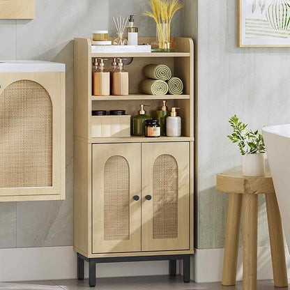 Hzuaneri Bathroom Storage Cabinet, Small Floor Cabinet with 2 Door | Toilet Paper Cabinets, Bathroom Organizer with Adjustable Shelf,for Small Spaces,Rattan Yellow,Arch Door,7.1" Dx14.6 Wx32.7 H