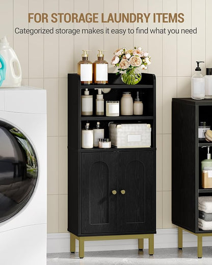 Hzuaneri Bathroom Storage Cabinet, Small Floor Cabinet with 2 Door | Toilet Paper Cabinets, Bathroom Organizer with Adjustable Shelf, for Small Spaces, Black, Arch Door,7.1" Dx14.6 Wx32.7 H