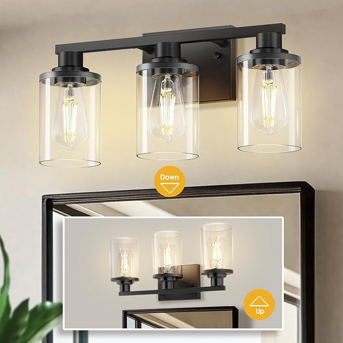 L LOHAS LED 3-Light Bathroom Vanity Light, Black | Clear Glass Shades; Modern Bathroom Lighting Fixture for Living Rooms and Hallways