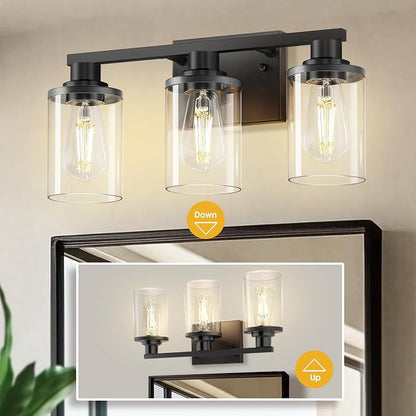 L LOHAS LED 3-Light Bathroom Vanity Light, Black | Clear Glass Shades; Modern Bathroom Lighting Fixture for Living Rooms and Hallways