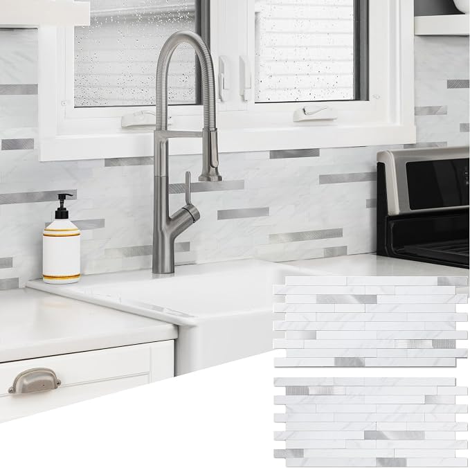 Yipscazo 40 Sheets Peel and Stick Stone Metal Backsplash, PVC Wall Tiles Stick on Tiles for Backsplash Kitchen, Bathroom, Fireplace (6'' X 12'', Jazz White)
