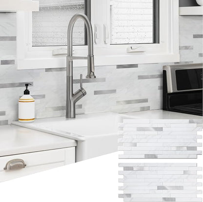 Yipscazo 40 Sheets Peel and Stick Stone Metal Backsplash, PVC Wall Tiles Stick on Tiles for Backsplash Kitchen, Bathroom, Fireplace (6'' X 12'', Jazz White)