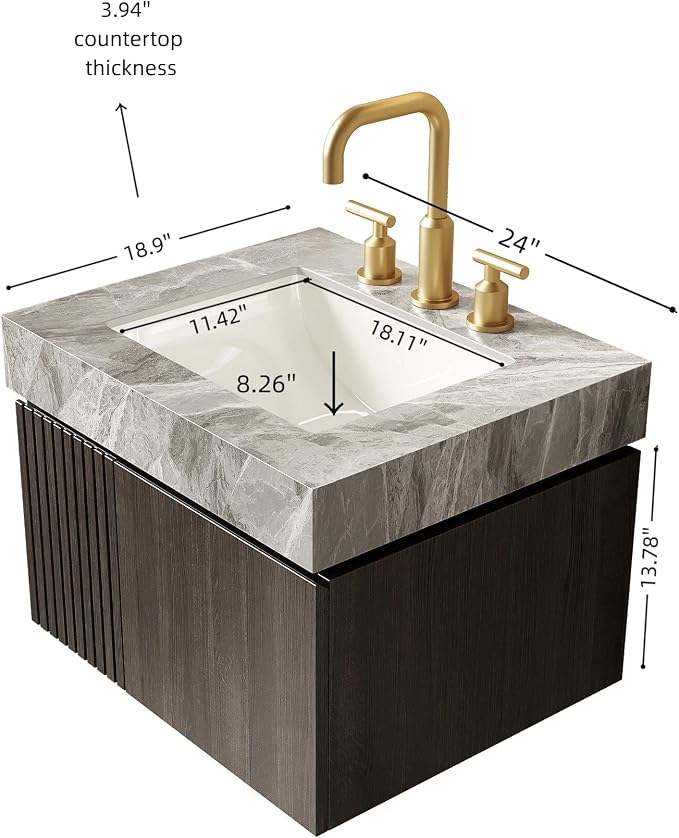KEIKI 24 Inch Floating Bathroom Vanity with Sink, Espresso & Grey | Modern Wall Mounted Storage Cabinet with 2 Doors, Pre-assembled Wood Panels, Sintered Stone Top & Ceramic Basin Combo Set
