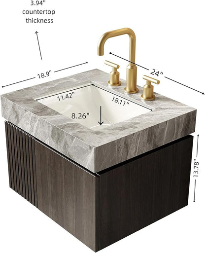 KEIKI 24 Inch Floating Bathroom Vanity with Sink, Espresso & Grey | Modern Wall Mounted Storage Cabinet with 2 Doors, Pre-assembled Wood Panels, Sintered Stone Top & Ceramic Basin Combo Set