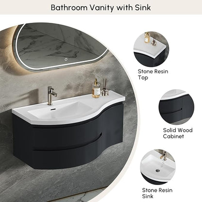 Floating Bathroom Vanity with Sink, 35.4" Modern Curved Bathroom Vanity, Wall Mounted Half-Circle Bathroom Cabinet, White & Black, Left-Hand Sink