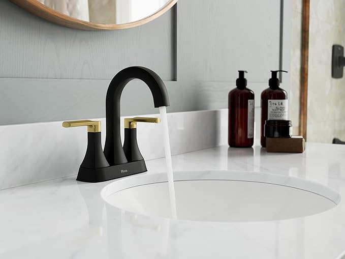 Pfister Vaneri Bathroom Sink Faucet, 4-Inch Centerset, 2-Handle, 3-Hole, NSF Certified, Matte Black and Brushed Gold Finish, LF048VRIBBG