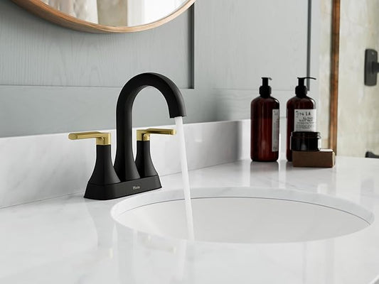 Pfister Vaneri Bathroom Sink Faucet, 4-Inch Centerset, 2-Handle, 3-Hole, NSF Certified, Matte Black and Brushed Gold Finish, LF048VRIBBG