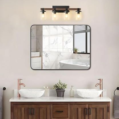 Bathroom Vanity Light Fixtures 4 lights Wooden Farmhouse Vanity Lights | Rustic Bathroom Lights over Mirror with Clear Glass Shade Black Industrial Wall Sconce for Bathroom Bedroom Hallway