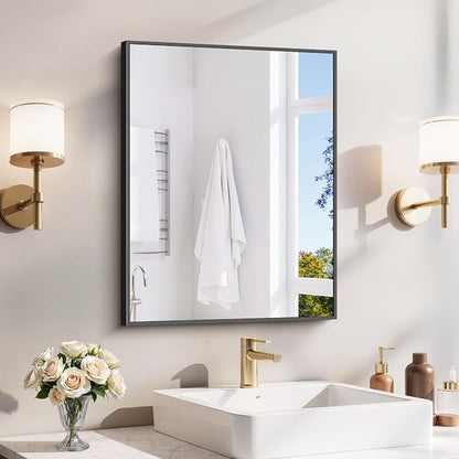 YIROMAN Bathroom Mirror 18"x24", Black Bathroom Mirrors for Over Sink with Aluminum Frame, Rectangular Vanity Mirror with Right Angle, Wall Mirror for Oversink, Vanity, Bedroom, Living Room