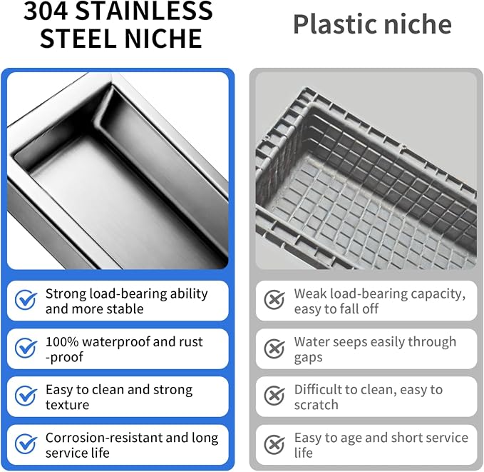 304 Stainless Steel LED Recessed Black Shower Niche 12"x30" Wall-Inserted | Waterproof Rustproof Bathroom Shower Niche Insert No Tile Needed, for Shower & Bathroom Storage