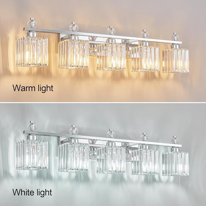 Vanity Lights 5-Light Modern Crystal Vanity Light Chrome Bathroom Light Fixtures Over Mirror Crystal Bathroom Vanity Lighting Fixtures