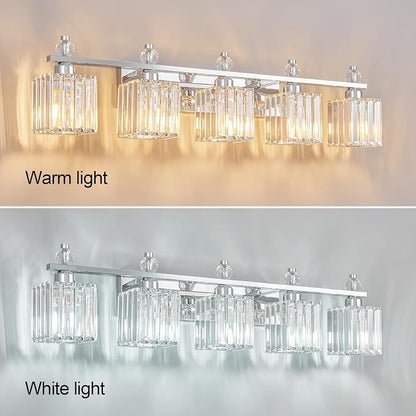 Vanity Lights 5-Light Modern Crystal Vanity Light Chrome Bathroom Light Fixtures Over Mirror Crystal Bathroom Vanity Lighting Fixtures