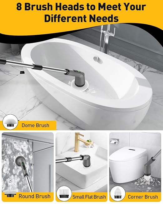 Electric Spin Scrubber for Bathroom, Shower Scrubber with Long Handle | Shower Cleaner Brushes, IPX7 Waterproof & 2 Speed, 8 Brush Heads, 90min Runtime, Bathroom Cleaning Supplies for Toilet Tub