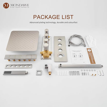 MONDAWE 12 Inch Thermostatic Shower System in Brushed Nickel, Wall Mounted Shower Head with Handheld Spray and 6 Body Jets, High Pressure Bathroom Shower Faucet Set with Thermostatic Valve